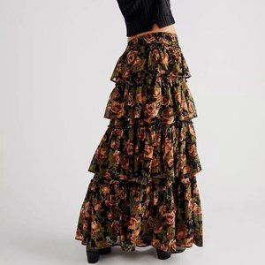 Free People Sawyer Black Floral Tiered Elastic Waist Boho Maxi Skirt